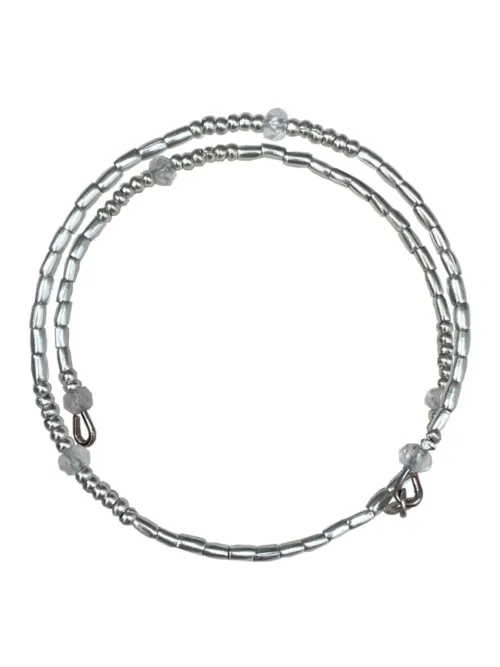 memory wire double wrap bracelet with pure silver and crystal quartz gemstone. Customisable charm pendant