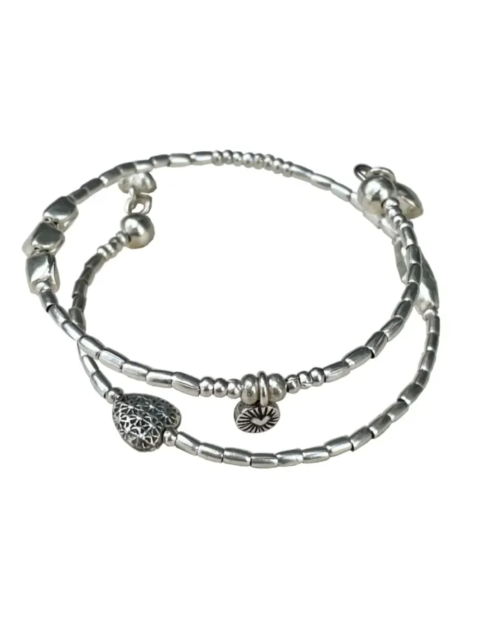 memory wire double wrap bracelet with pure silver and silver heart charms. Customisable charm pendant