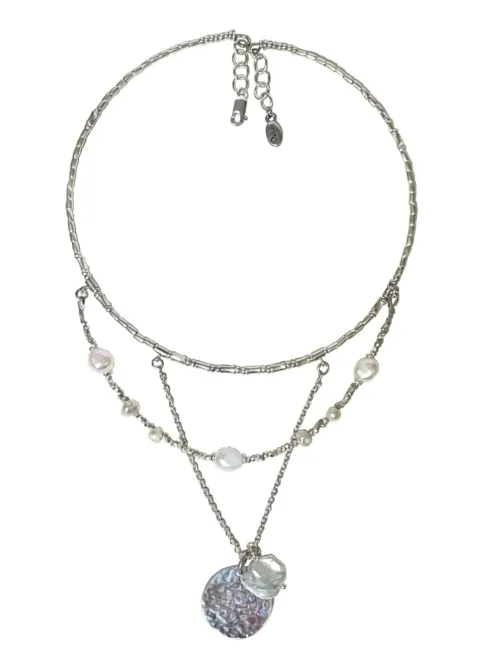 3 necklaces in one. An instant necklace stack. memory wire pure silver combined with freshwater pearls and a sterling silver chain with sterling silver disc and floating pearl. A handmade one of a kind necklace, made tin australia