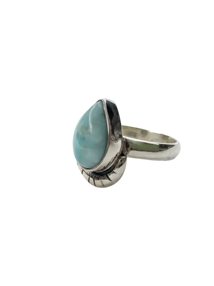 Larimar tear drop gemstone with small silver crescent. Bohemian style sterling silver ring. Ocean safe.