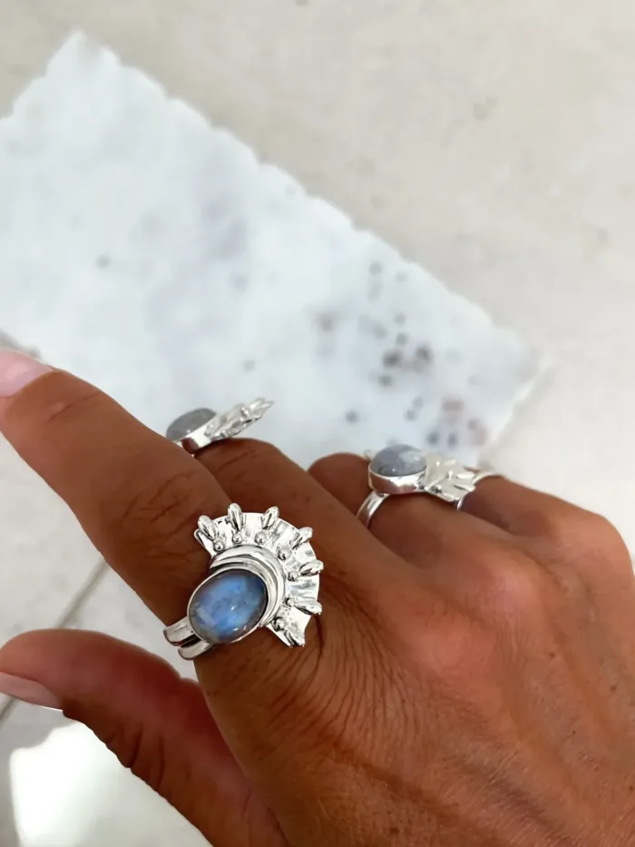 sterling silver moon stone ring with a silver crescent moon and silver fab. Unique silver ring - ocean safe