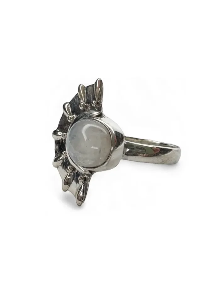 sterling silver moon stone ring with a silver crescent moon and silver fab. Unique silver ring - ocean safe