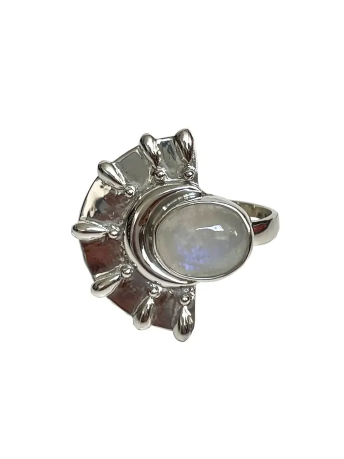 sterling silver moon stone ring with a silver crescent moon and silver fab. Unique silver ring - ocean safe