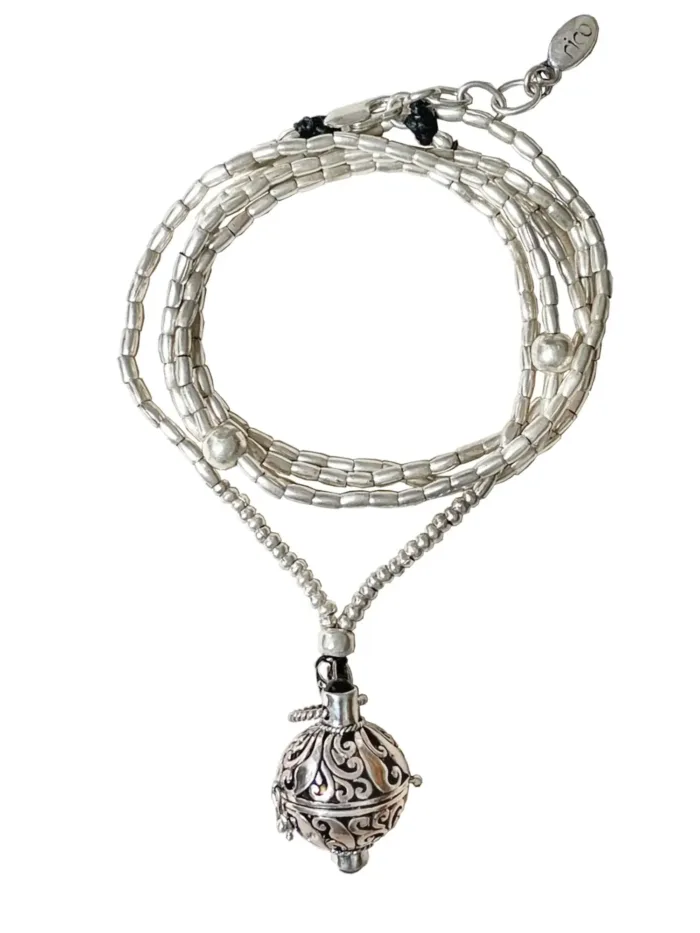 sterling silver harmony ball pendant on pure silver chain long necklace bohemian style.