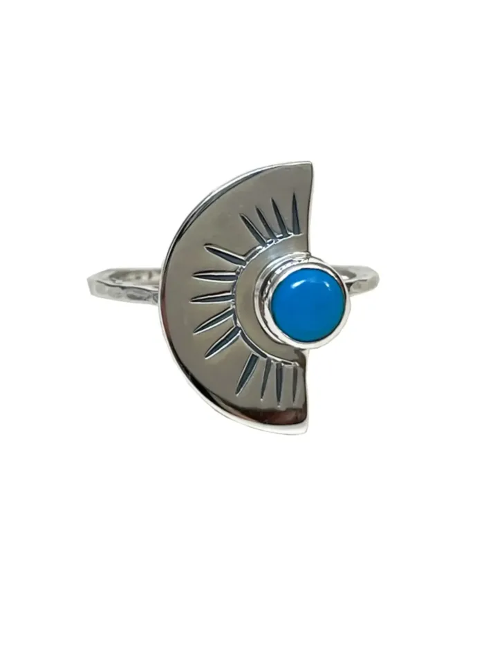 sterling silver crescent ring with turquoise stone. Ocean safe and perfect for a ring stack