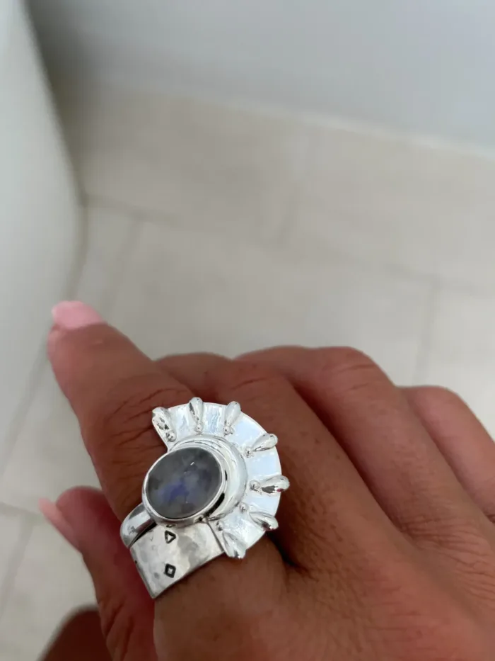 sterling silver moon stone ring with a silver crescent moon and silver fab. Unique silver ring - ocean safe