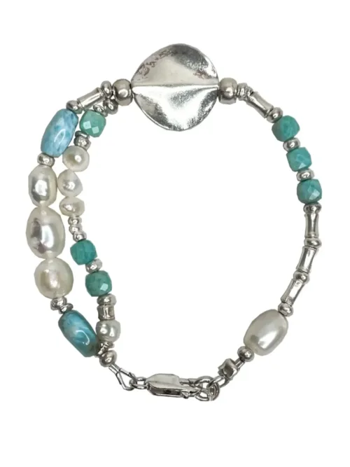 gemstone and silver women's bracelet. featuring amazonite, Larimar, pearl and silver. ocean inspired silver jewellery