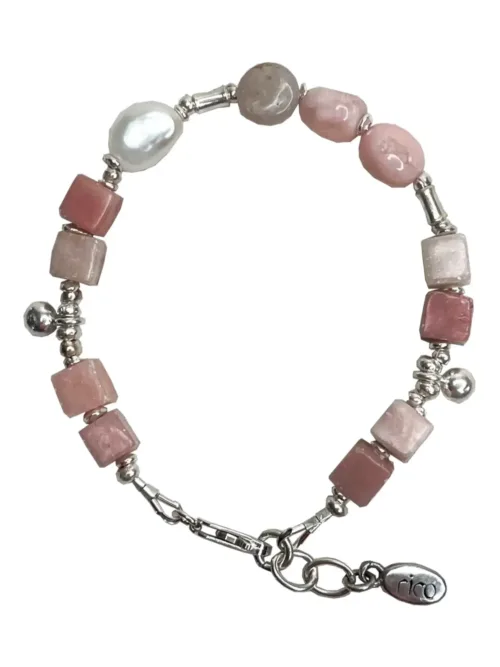 pink opal gemstone and silver women's bracelet. looks great worn by itself or in a bracelet stack.
