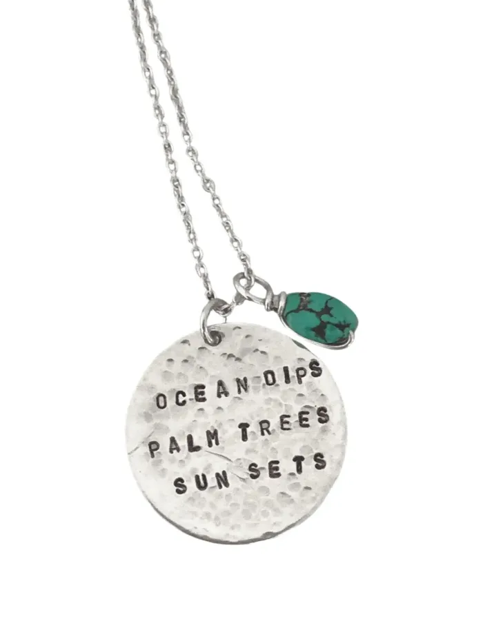 ocean inspired silver necklace. ocean dips palm trees sun sets hand made sterling silver necklace