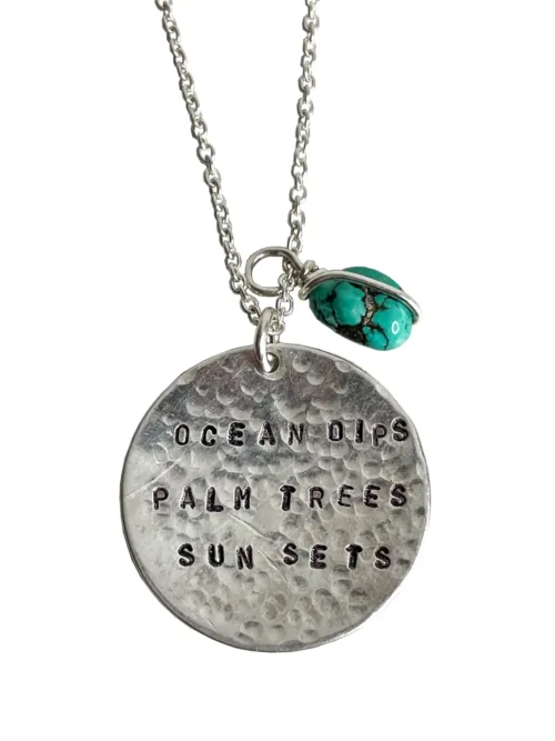 ocean inspired silver necklace. ocean dips palm trees sun sets hand made sterling silver necklace