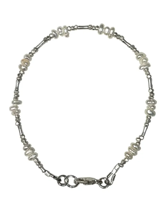 minimal dainty style pure silver bracelet with tiny freshwater pearls. sterling silver jewellery