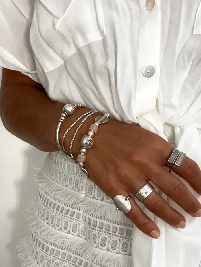 chunky pure silver bracelet with cubed pink opal. women's bracelet ocean safe