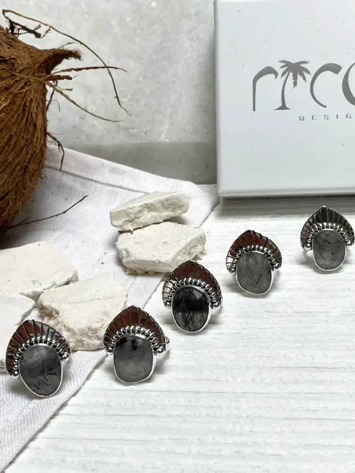 black rutilated quartz silver ring with silver fan ocean safe
