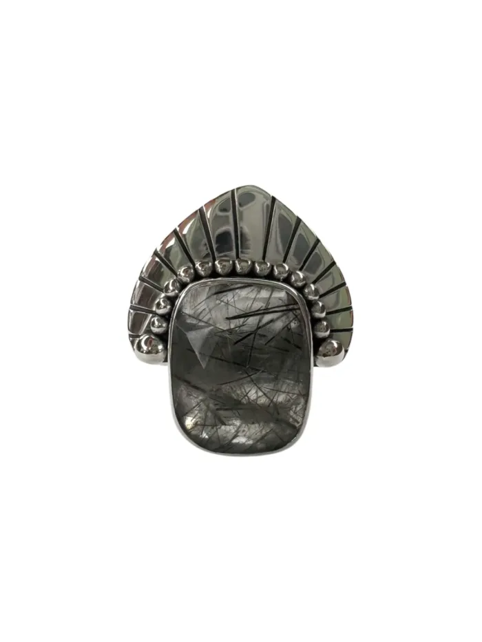 black rutilated quartz silver ring with silver fan ocean safe