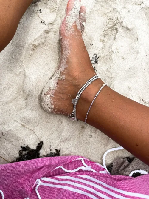dusty pink and silver seed bead anklet. Minimal style design.