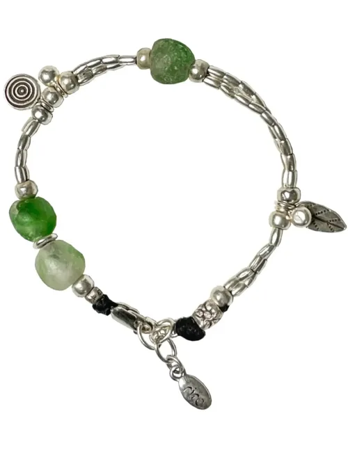 pure silver bracelet with green recycled glass beads. perfect for a bracelet stack and ocean safe
