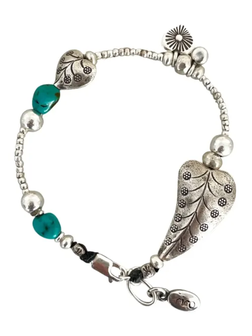 women silver jewellery. sterling silver bracelet made for stacking - 2 hearts - turquoise gemstones. Water safe for everyday wear. A great option for a bracelet stack