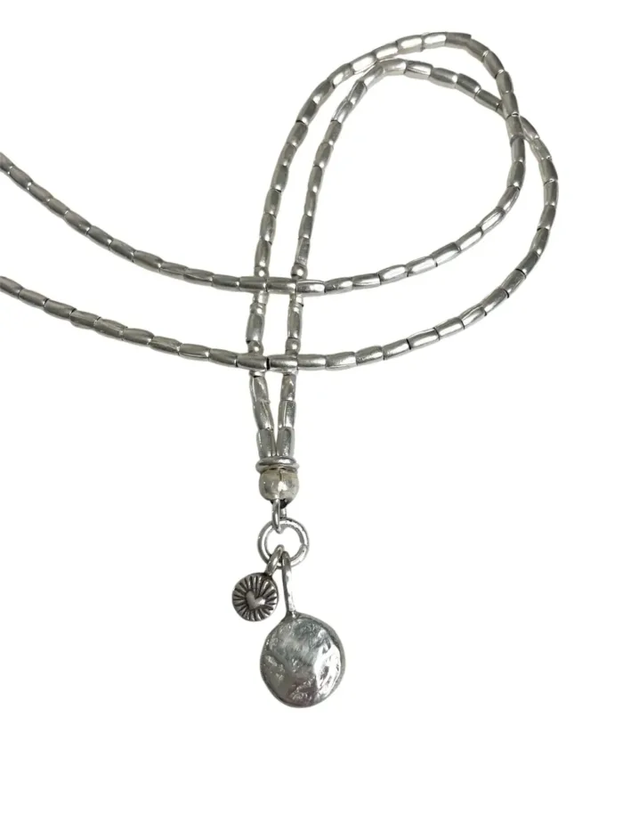 hand stamped mum pendant handmade pure silver necklace perfect for mothers day ocean safe and tug proof for active mums. Customisable hand stamped handmade sterling-silver blob pendant necklace