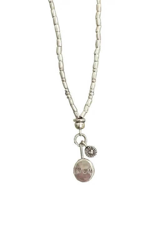 hand stamped mum pendant handmade pure silver necklace perfect for mothers day ocean safe and tug proof for active mums. Customisable hand stamped handmade sterling-silver blob pendant necklace