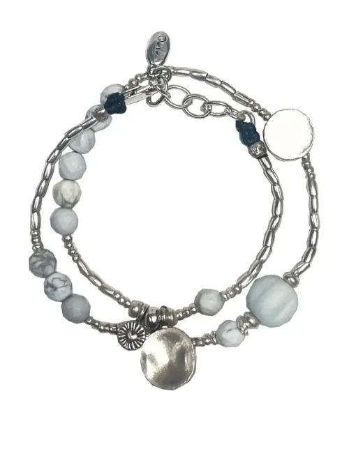 Pure silver wrap bracelet combined with white washed agate gemstone beads - for a beach vibes look- water safe for everyday wear.