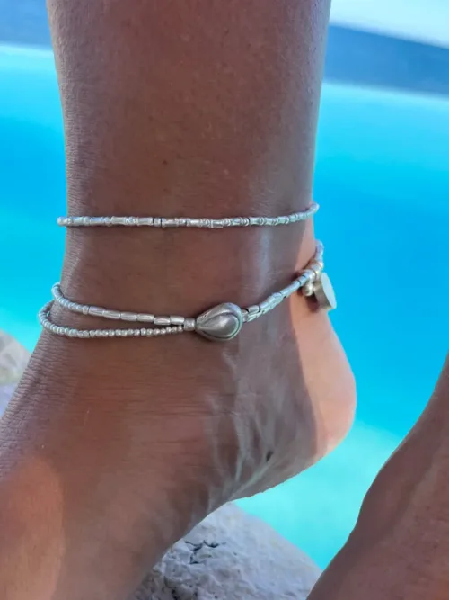 multi strand pure silver anklet. Ocean inspired with silver shell beads. The perfect beach jewellery. Staple, everyday jewellery. Ocean safe.