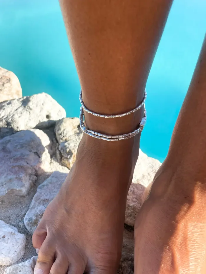 simple style pure silver anklet with bamboo like texture. made to wear everyday. Staple jewellery - ocean safe