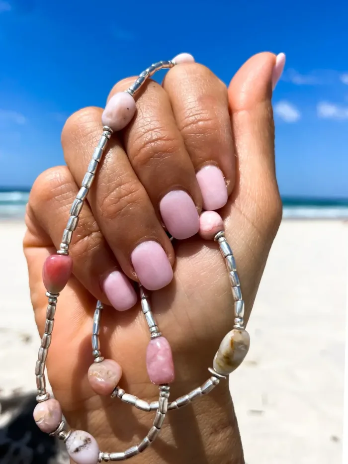 pink opal pure silver triple wrap bracelet - 3 styles in 1 bracelet, anklet, necklace. water safe