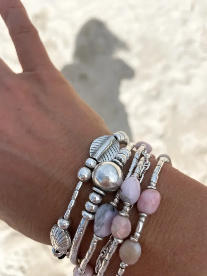pink opal pure silver triple wrap bracelet - 3 styles in 1 bracelet, anklet, necklace. water safe