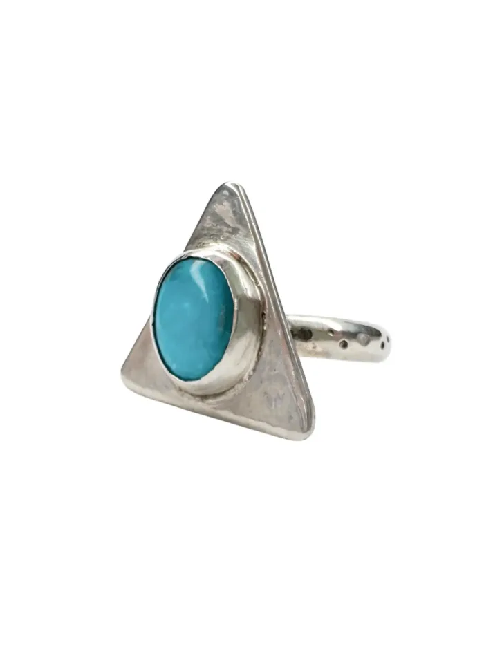 handmade sterling silver ring with large silver triangle and Kingman turquoise gemstone. Handmade in Sydney Australia. Bohemian style and ocean safe.