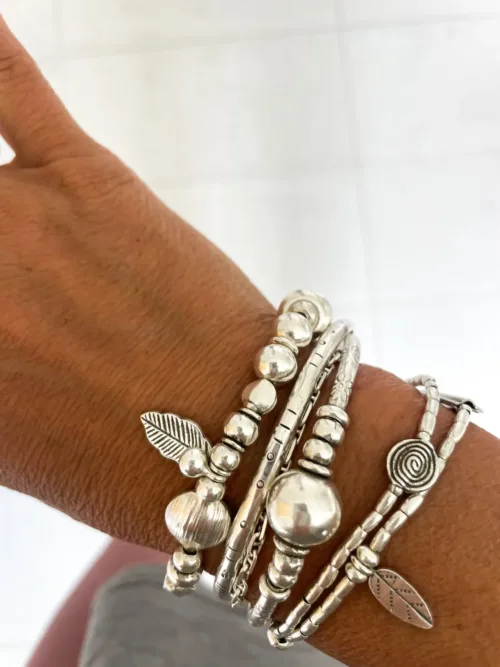 chunky sterling silver bracelet perfect styled in a bracelet stack. stretch elastic for easy slip on. ocean safe