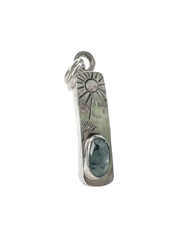 handmade one of a kind hollow form rectangle pendant with kyanite gemstone and hand stamped sun ocean safe
