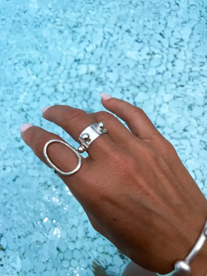 chunky sterling silver ring with large balls. Handmade jewellery - ocean safe - looks great styled in a ring stack.