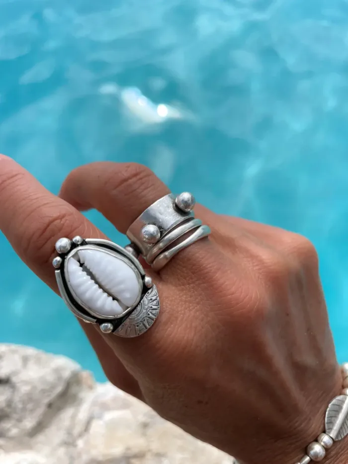 chunky sterling silver ring with large balls. Handmade jewellery - ocean safe - looks great styled in a ring stack.