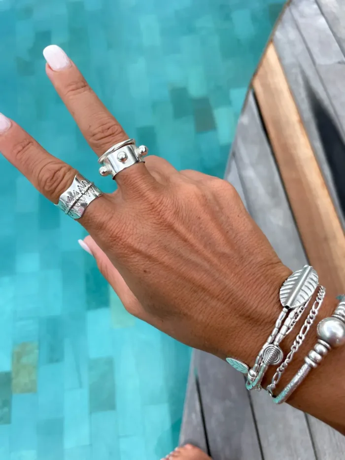 resort style silver jewellery. Wide band chunky sterling silver ring. ocean safe