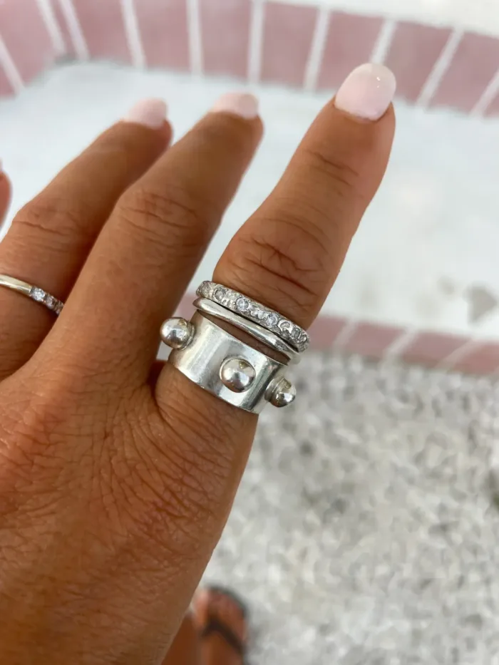 chunky sterling silver ring with large balls. Handmade jewellery - ocean safe - looks great styled in a ring stack.