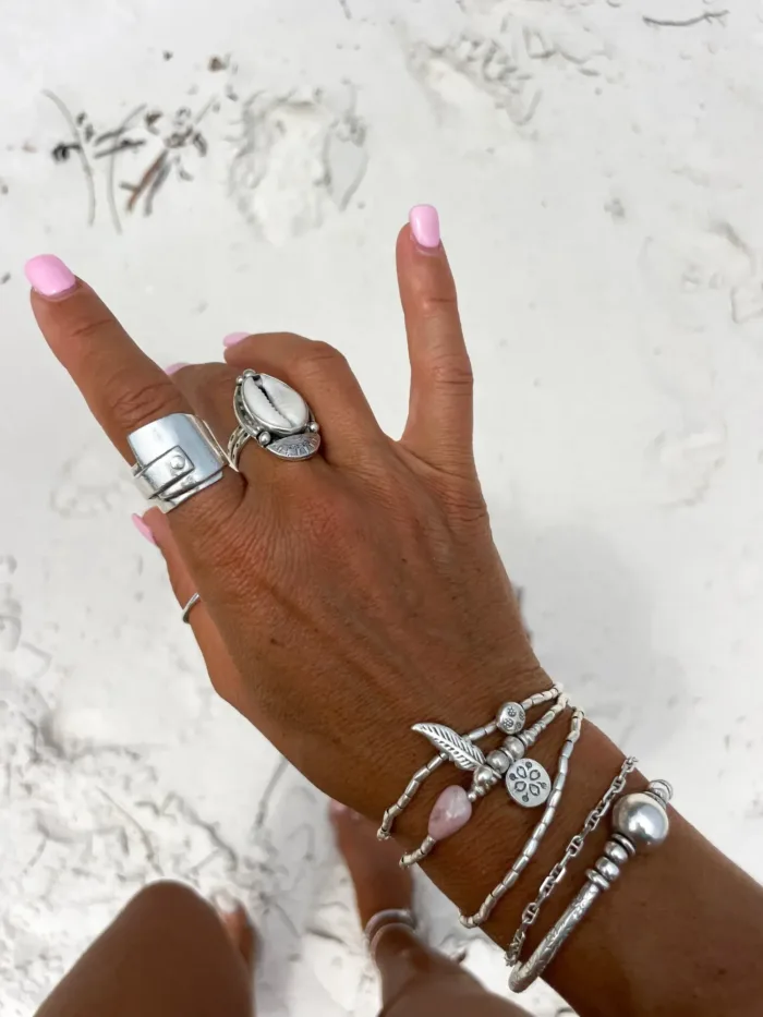 ocean inspired silver jewellery. Pure silver wrap bracelet with silver charms and pink opal gemstone - for a beach vibes look- water safe for everyday wear. 3 styles in 1