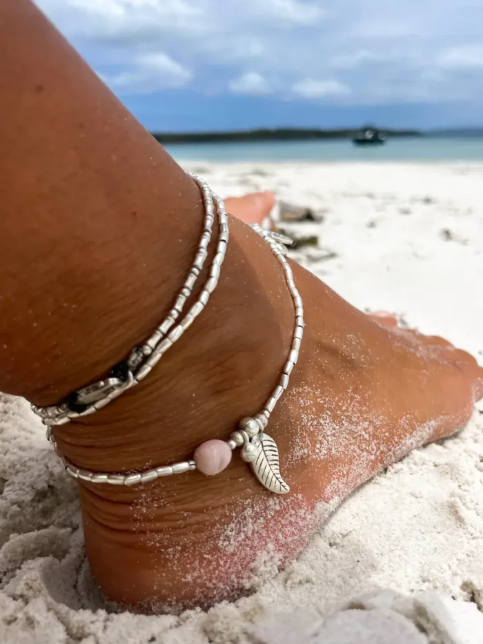 ocean inspired silver jewellery. Pure silver wrap bracelet with silver charms and pink opal gemstone - for a beach vibes look- water safe for everyday wear. 3 styles in 1