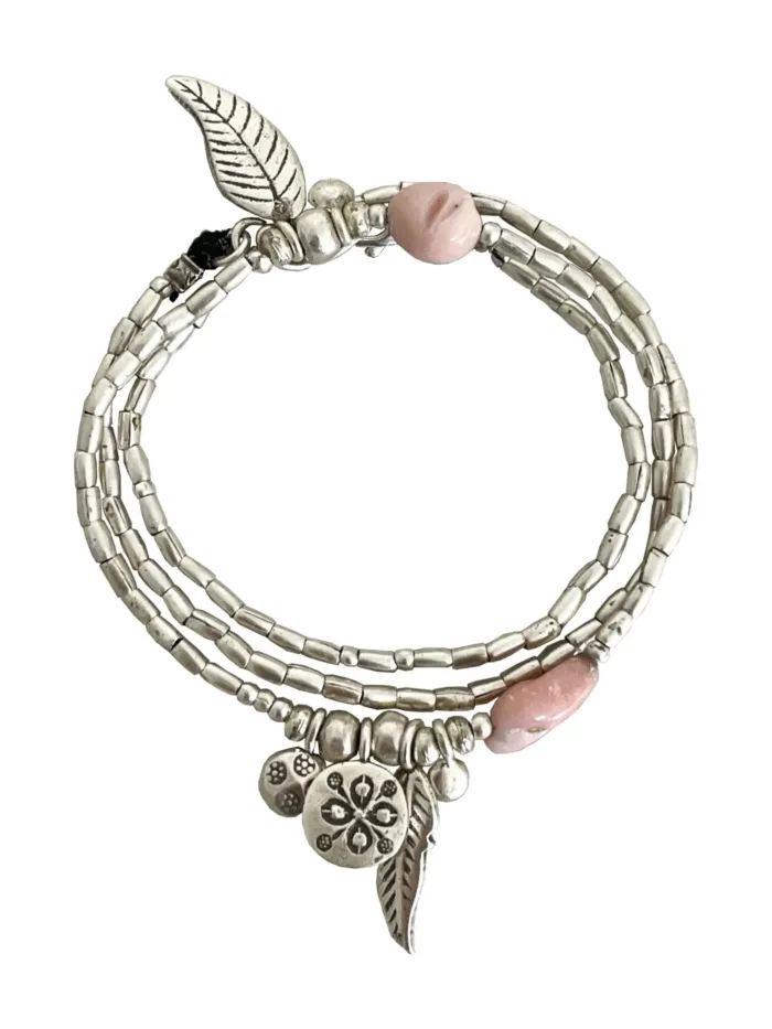 ocean inspired silver jewellery. Pure silver wrap bracelet with silver charms and pink opal gemstone - for a beach vibes look- water safe for everyday wear. 3 styles in 1