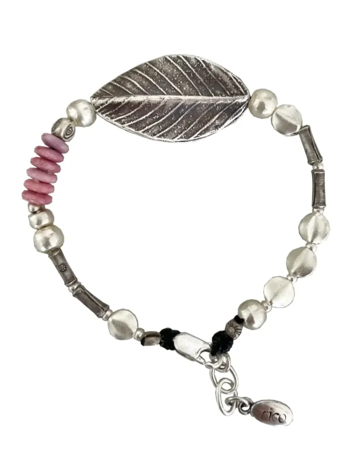 pure silver bracelet with large leaf centre. and pop of colour for your summer bracelet stack. ocean safe silver jewelry