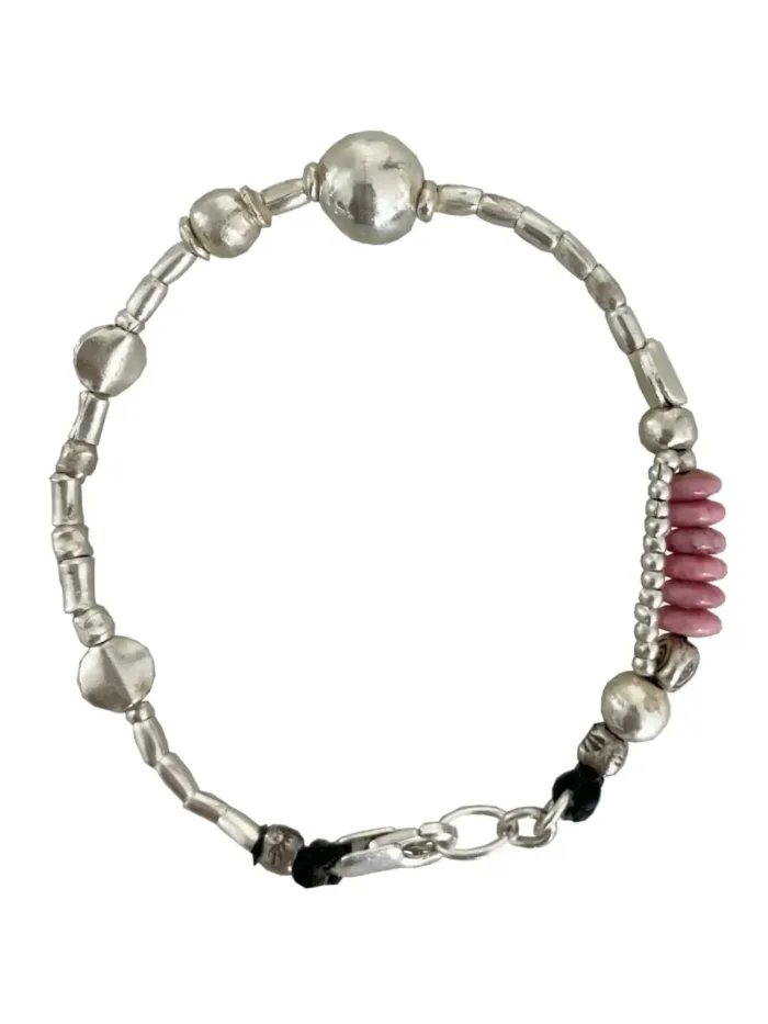 pure silver bracelet with ball bead centre and glass bead pink colour pop. ocean safe silver jewelry