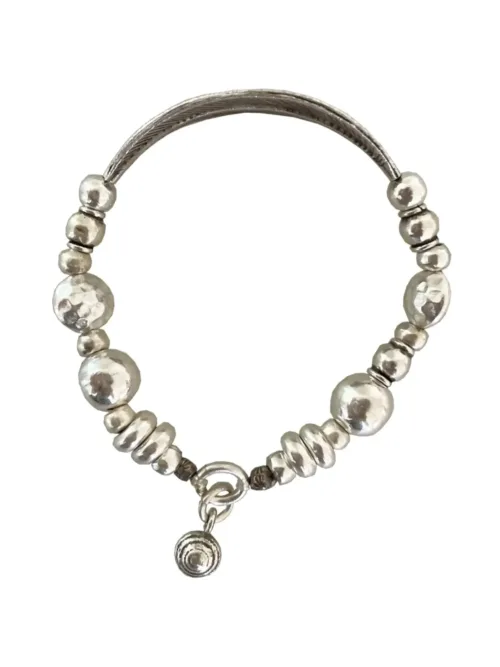 chunky pure silver bracelet perfect for stacking. large curve leaf for bohemian style. easy to slip on stretch elastic curve leaf bracelet
