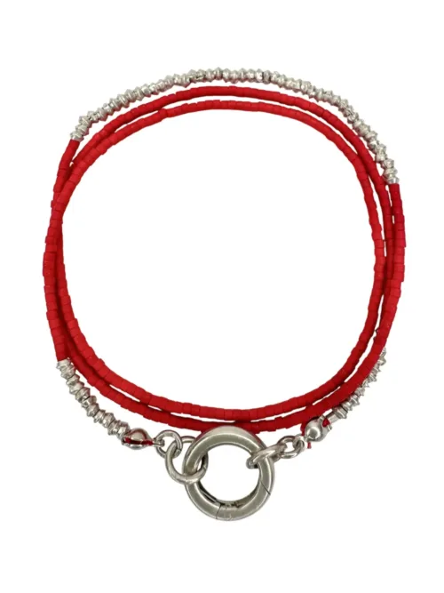 Handmade pure silver wrap bracelet featuring red colour seed beads – a great minimal wrap bracelet style for everyday wear