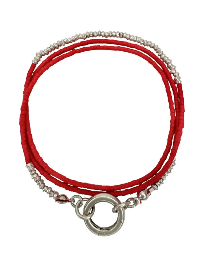 Handmade pure silver wrap bracelet featuring red colour seed beads – a great minimal wrap bracelet style for everyday wear