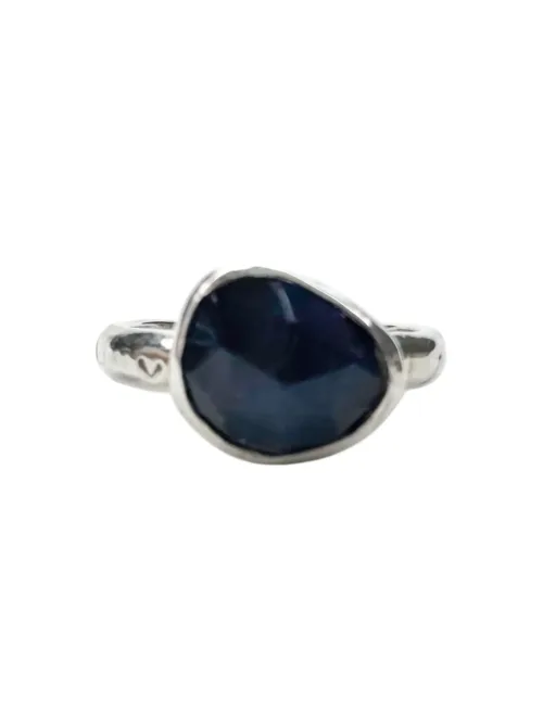 lolite faceted gemstone set in sterling silver. hand stamped ring shank. handmade silver jewellery water safe