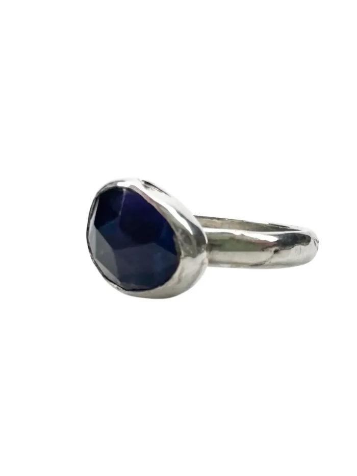 lolite faceted gemstone set in sterling silver. hand stamped ring shank. handmade silver jewellery water safe
