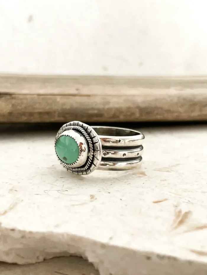 green variscite gemstone silver ring. Handmade in australia. Oval silver disc with wide silver ring shank. Ocean safe