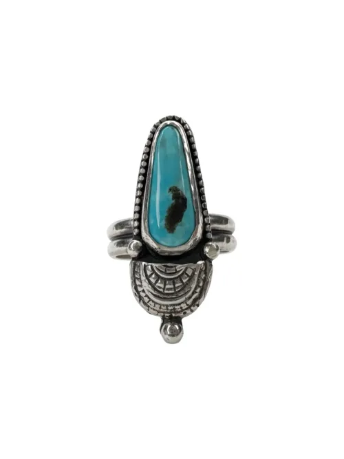 handmade sterling silver natural turquoise ring by rico designs silver jewellery. tear shape turquoise gemstone set in sterling silver with small creaser. Handmade in Sydney Australia