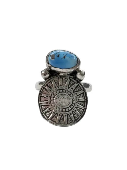 tribal silver round disc with golden hill turquoise handmade sterling silver ring ocean safe
