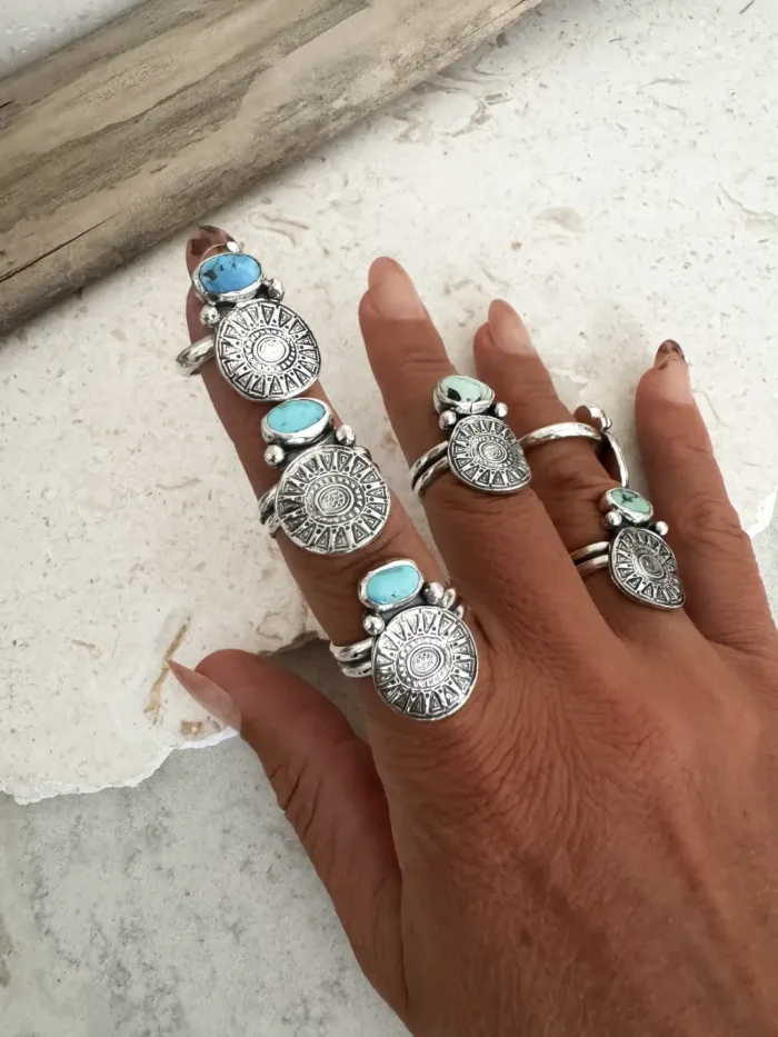 tribal silver round disc with golden hill turquoise handmade sterling silver ring ocean safe