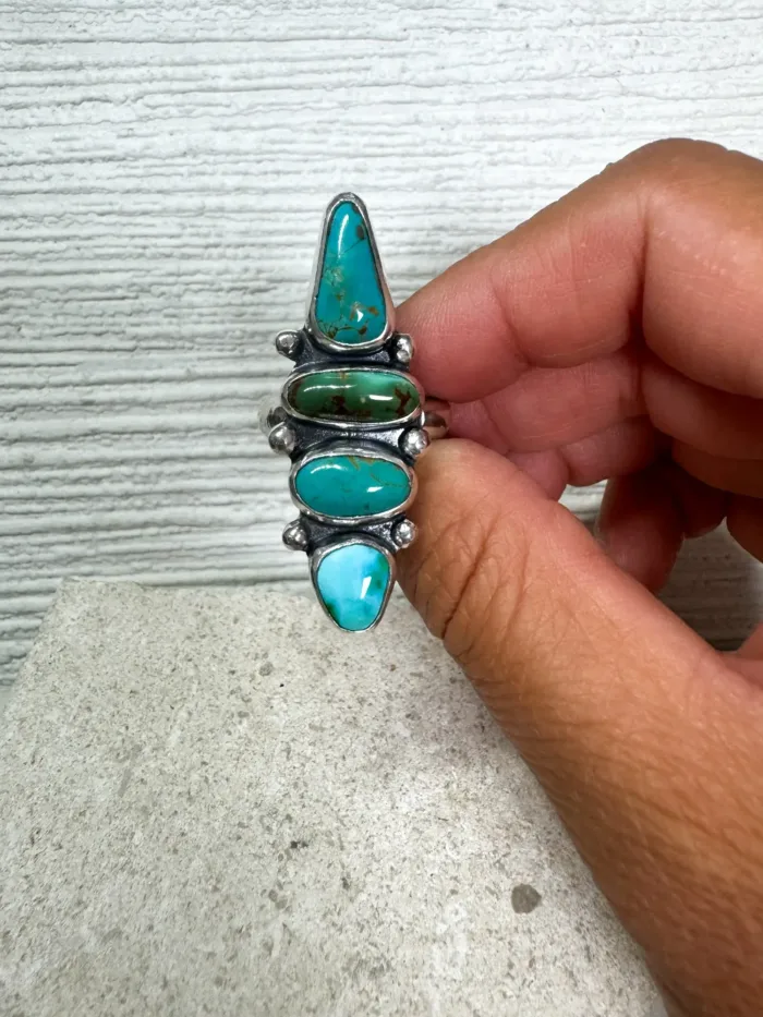 authentic turquoise handmade sterling silver ring with multi turquoise gemstones one of a kind